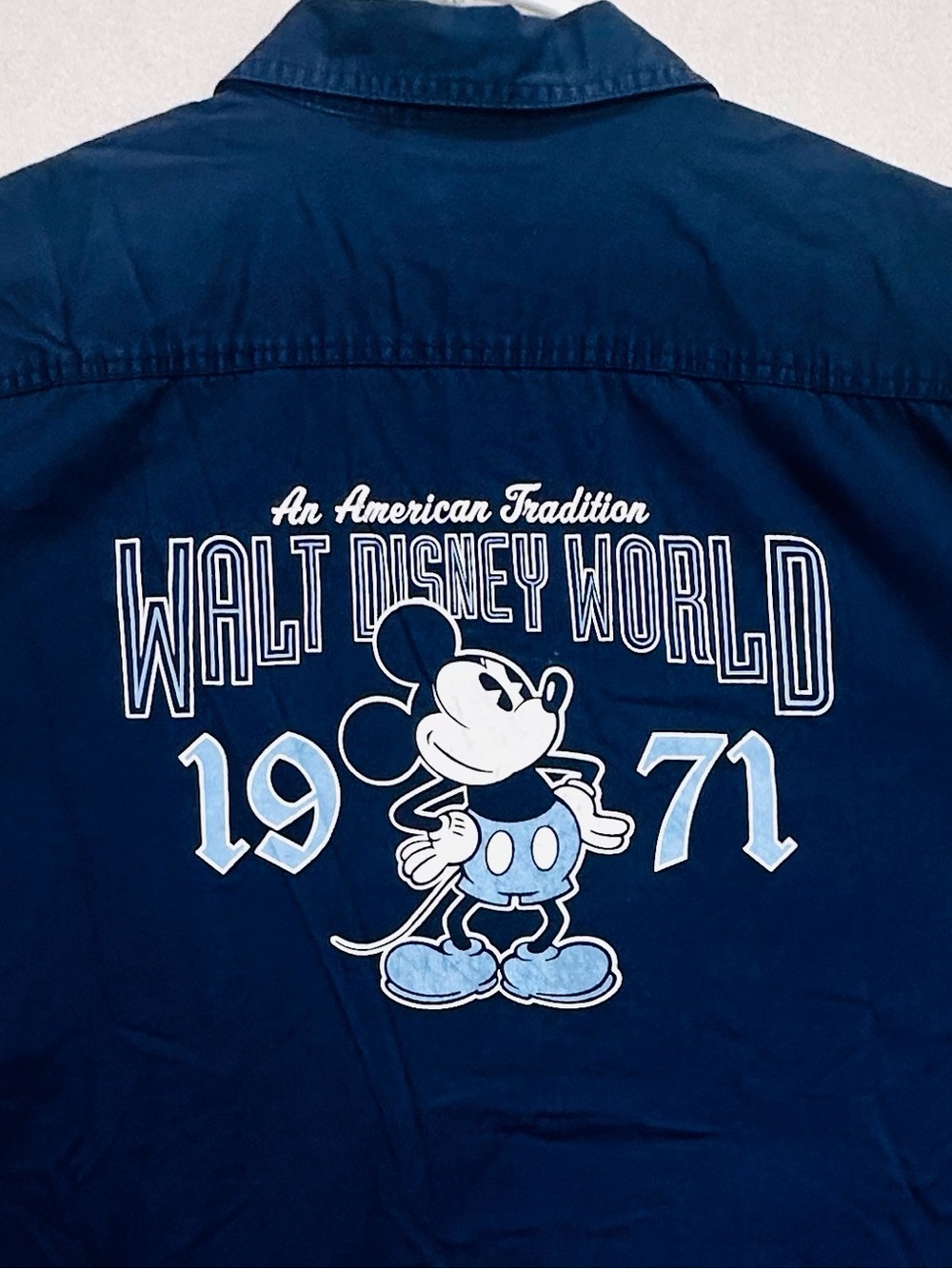 Vtg Disney Mickey Mouse 1971 Navy Button-Down Shirt White Chest Back Graphic XL